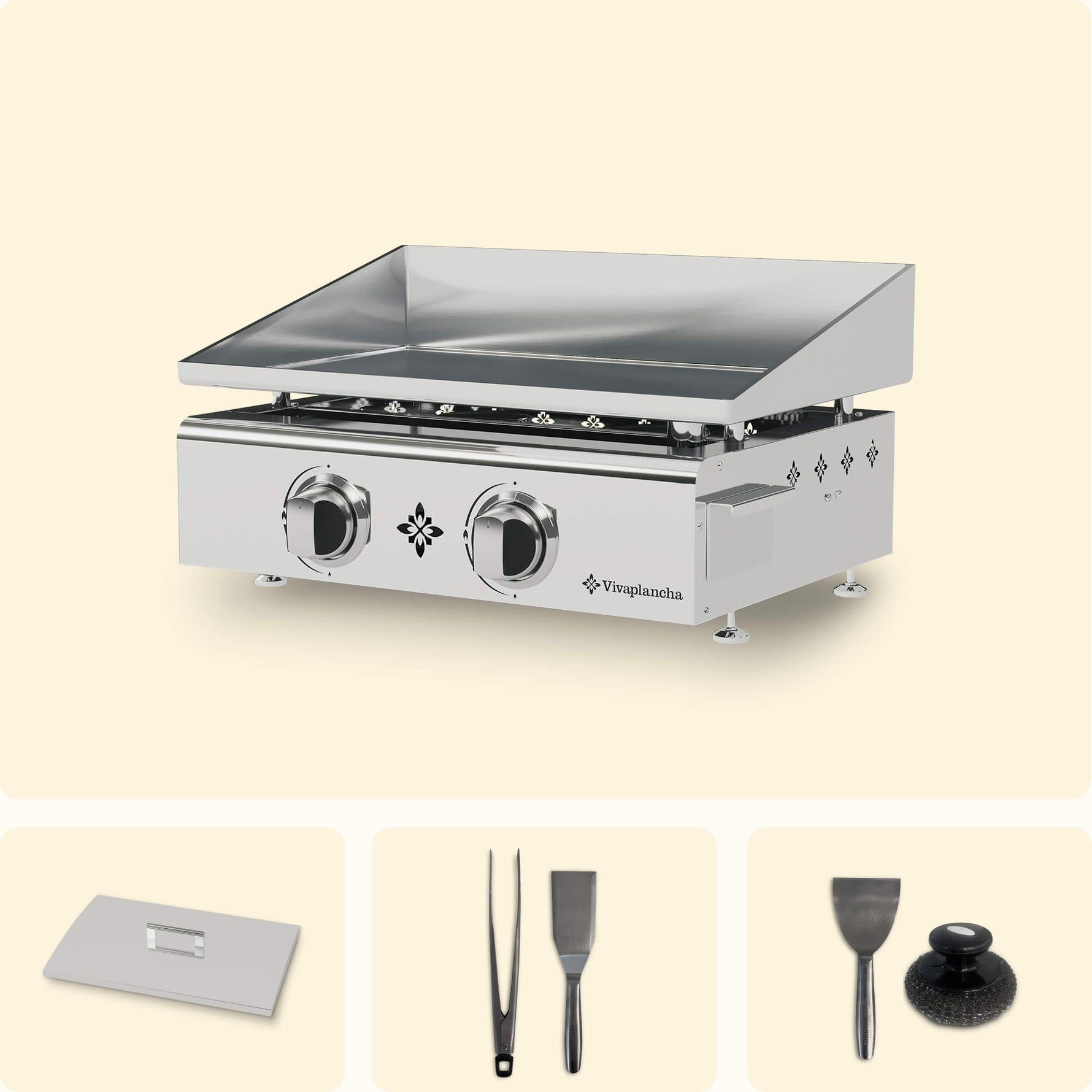 Vivaplancha set including a stainless steel griddle with two burners, a stainless steel lid, tongs, a serving spatula, a cleaning spatula, and a cleaning pad, displayed on a plain background.