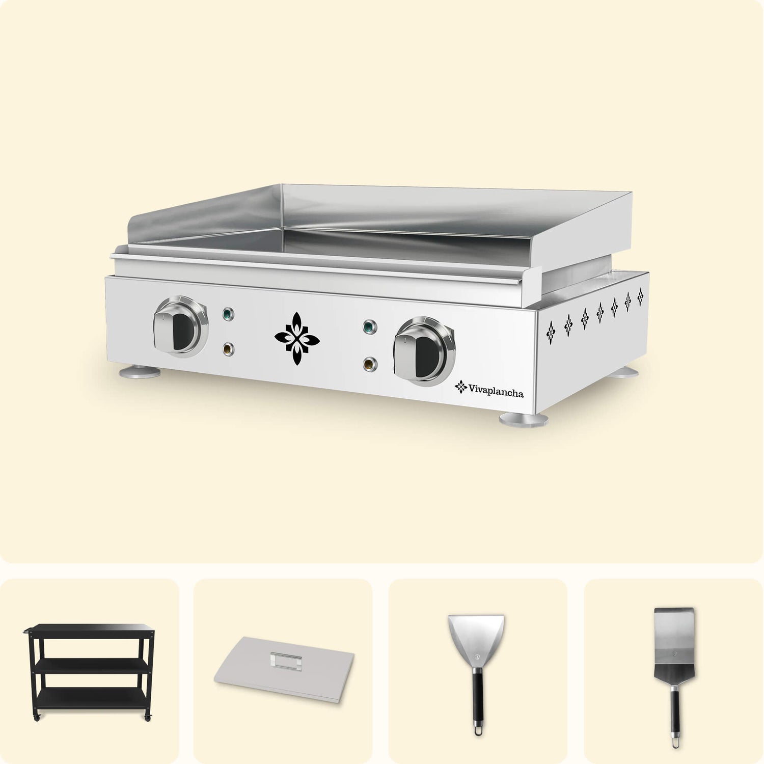Vivaplancha set including a stainless steel griddle with two burners, a black trolley with two shelves, a stainless steel lid, a cleaning spatula, and a serving spatula, displayed on a plain background.