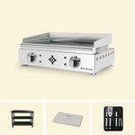 Stainless steel gas griddle with 2 burners by Vivaplancha, with splashback, shown as a bundle with a metal trolley, lid and utensil set.