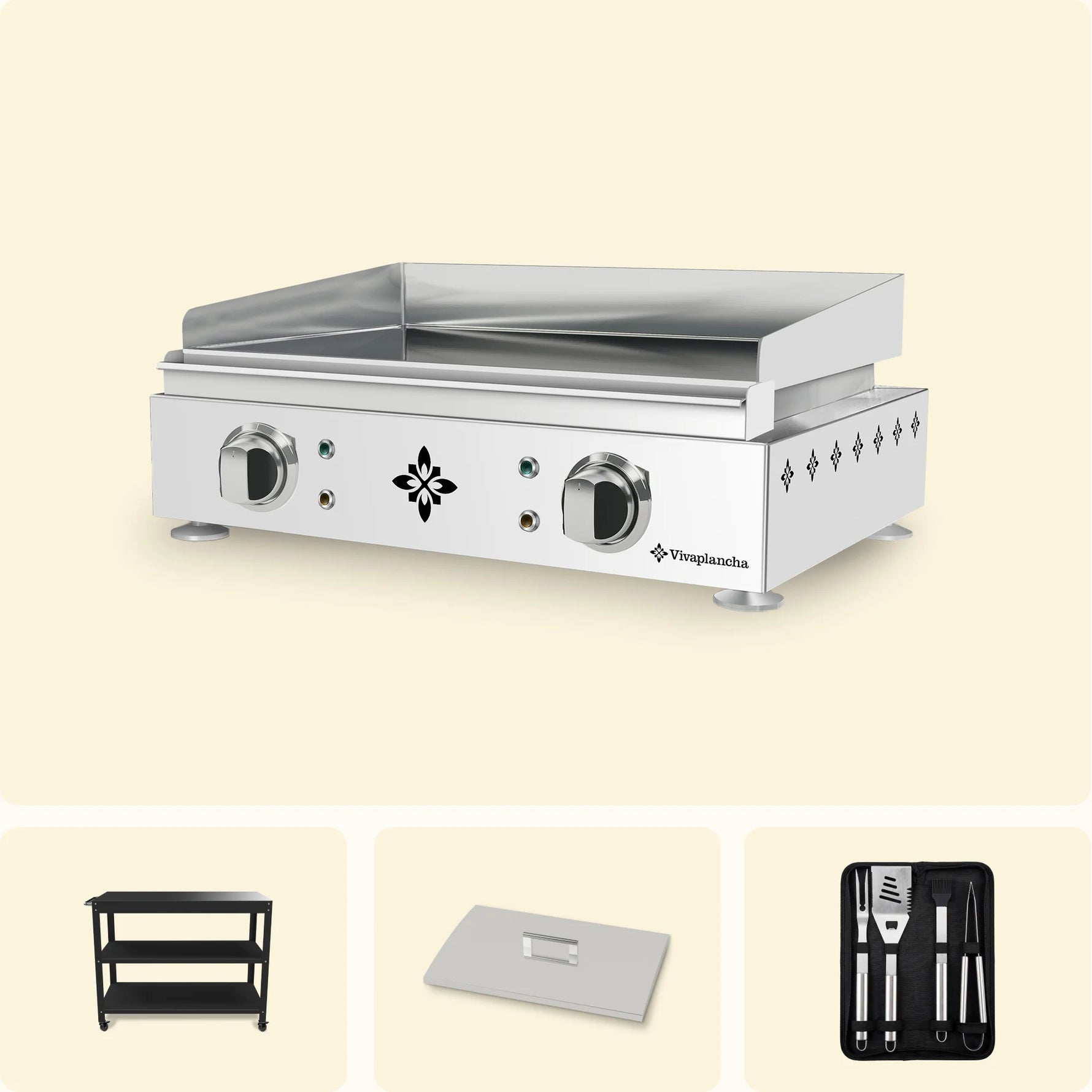 Stainless steel gas griddle with 2 burners by Vivaplancha, with splashback, shown as a bundle with a metal trolley, lid and utensil set.