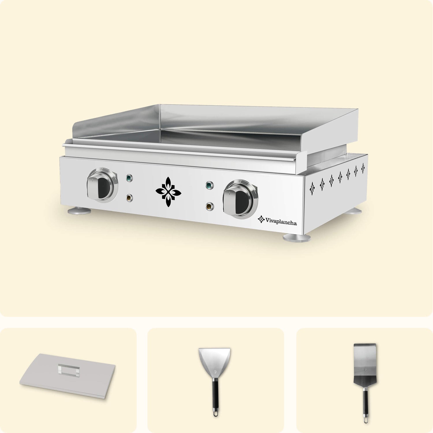 Vivaplancha set including a stainless steel griddle with two control knobs, a stainless steel lid, a cleaning spatula and a serving spatula, displayed on a plain background.
