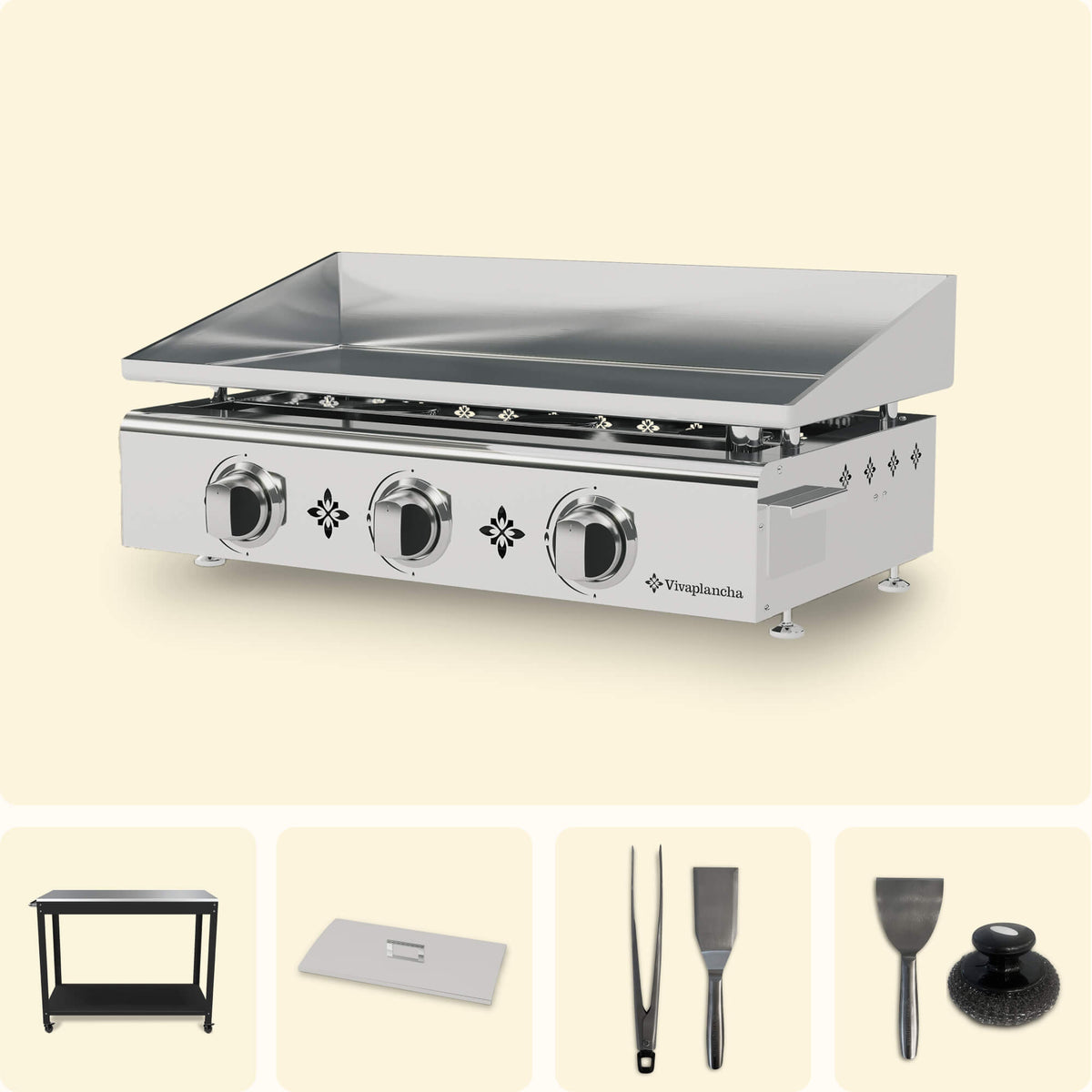 Vivaplancha set including a stainless steel griddle with three burners, a black trolley, a stainless steel lid, tongs, a serving spatula, a cleaning spatula, and a cleaning pad, displayed on a plain background.