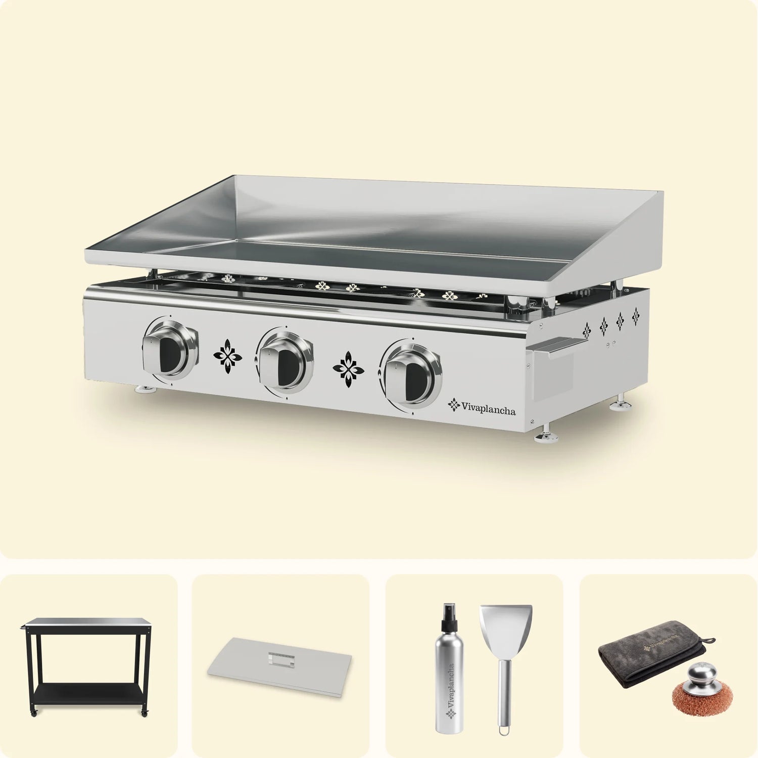 Stainless Steel Gas Griddle Set PIMIENTOS 3 Burners + Lid + Accessories + Trolley