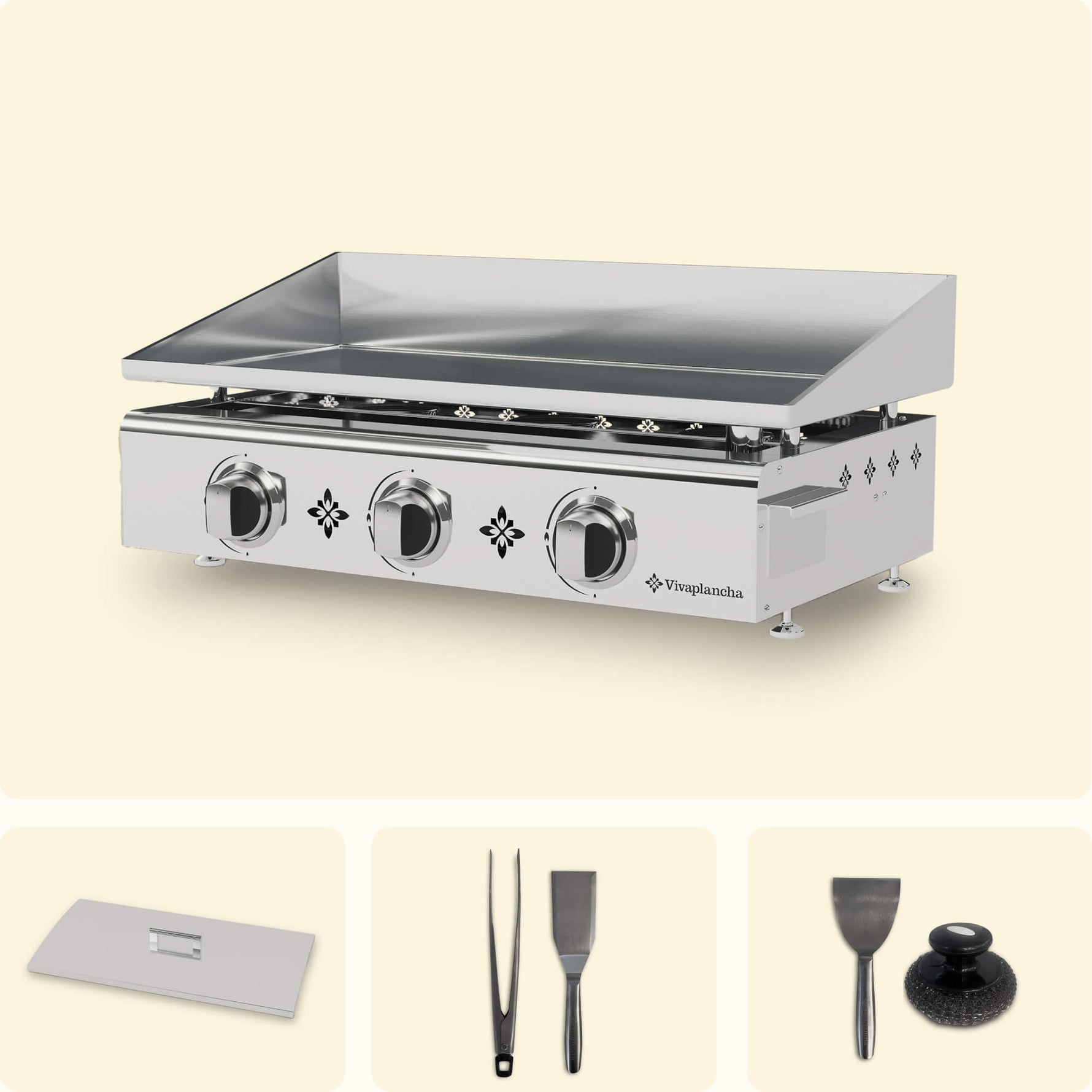 Vivaplancha set including a stainless steel griddle with three burners, a stainless steel lid, tongs, a serving spatula, a cleaning spatula, and a cleaning pad, all presented on a plain background.