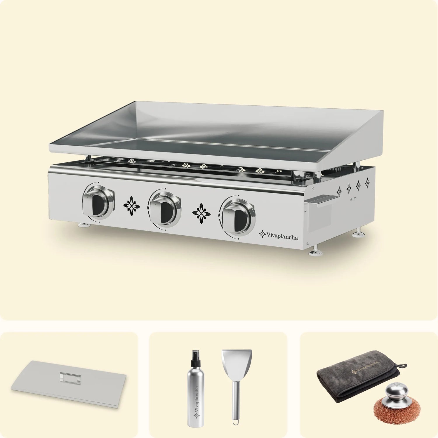 Stainless Steel Gas Griddle Set PIMIENTOS 3 Burners + Lid + Accessories
