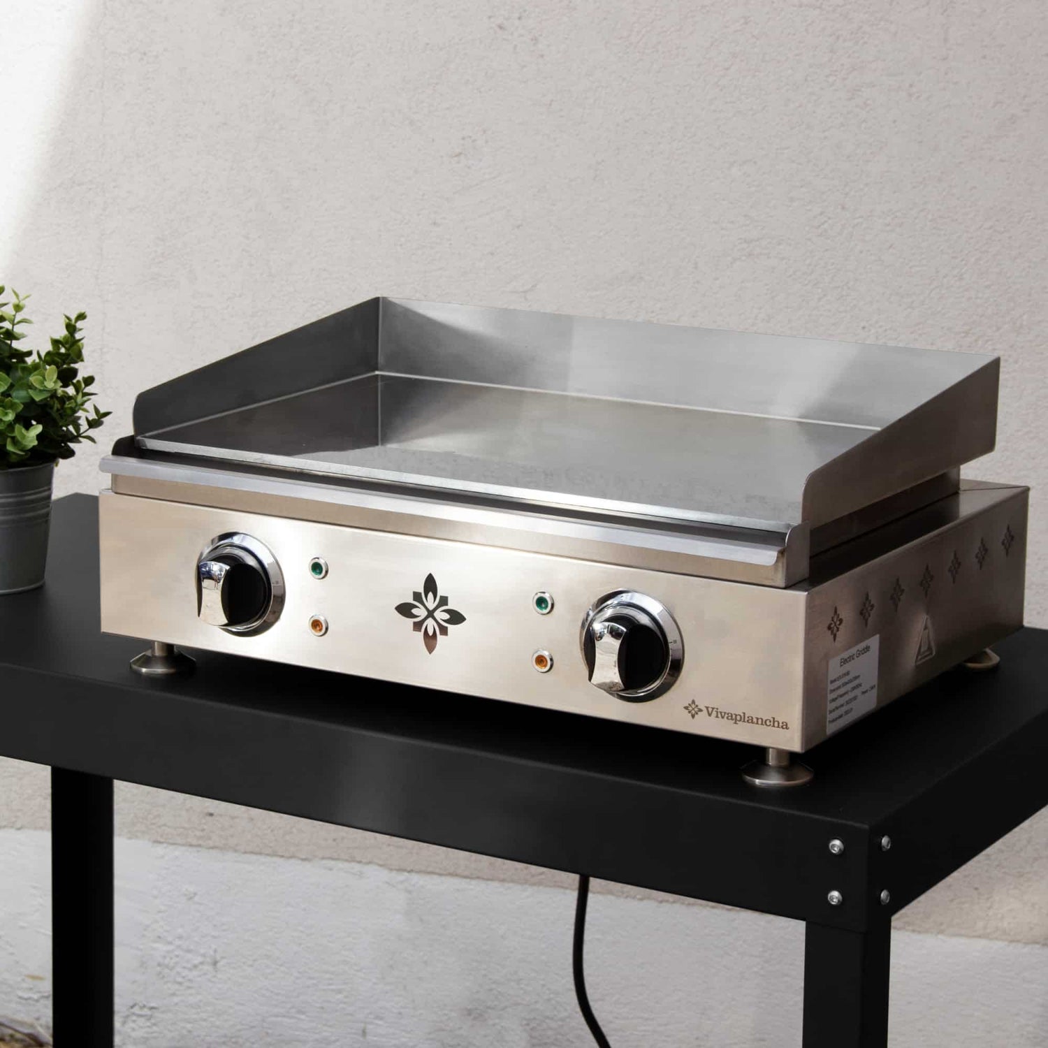 Plancha électrique Vivaplancha en inox avec double zone de chauffe, posée sur une desserte noire, montrée en extérieur contre un mur clair avec une plante décorative à gauche.