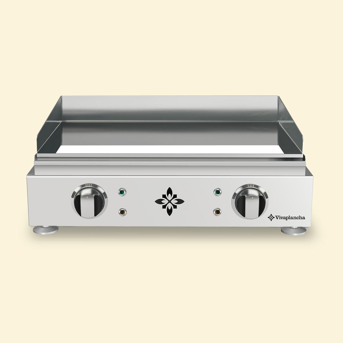 Vivaplancha electric griddle in stainless steel, front view, with two control knobs, smooth plate and raised edges.