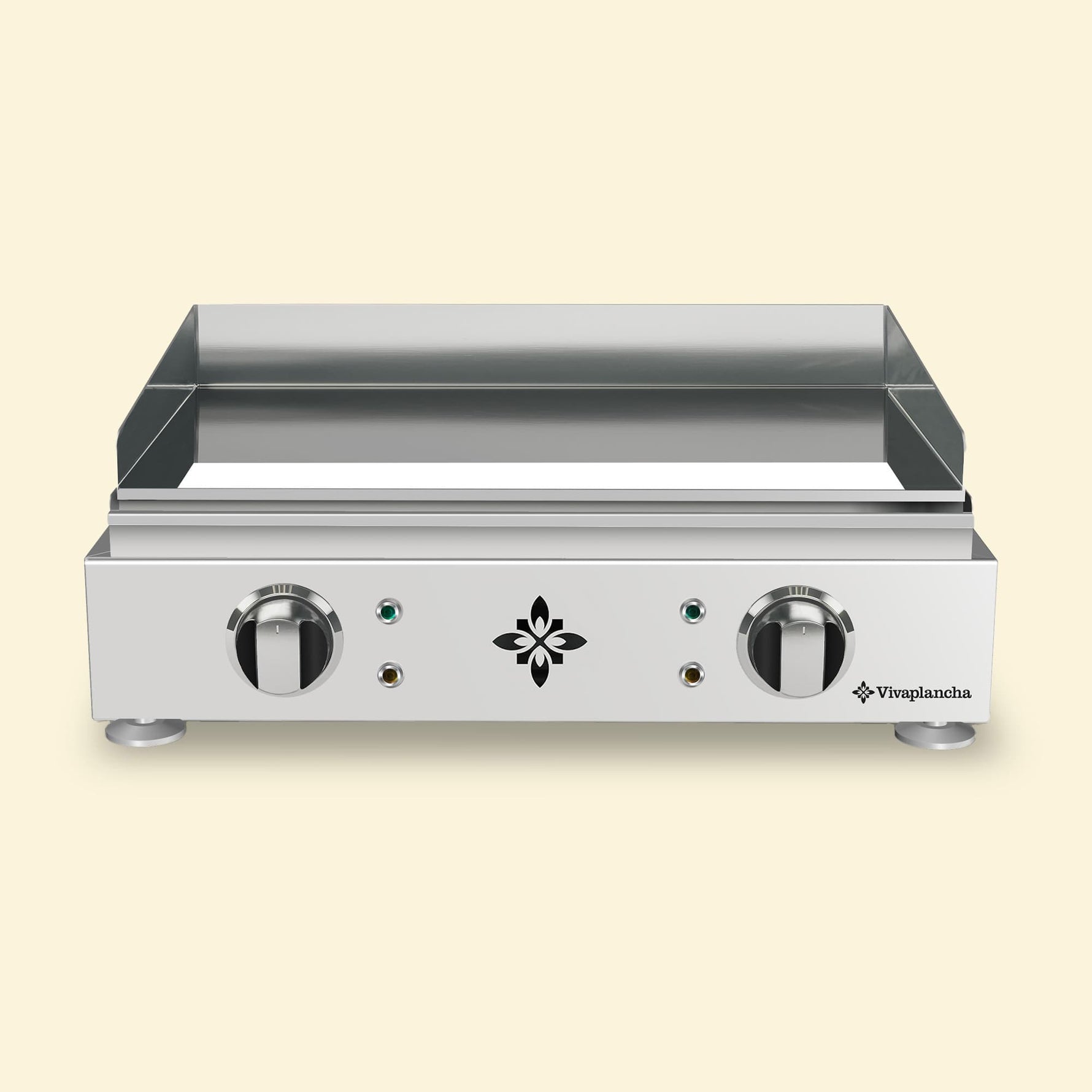 Vivaplancha electric griddle in stainless steel, front view, with two control knobs, smooth plate and raised edges.