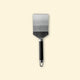 Stainless steel kitchen spatula with black handle, front view on a light beige background.
