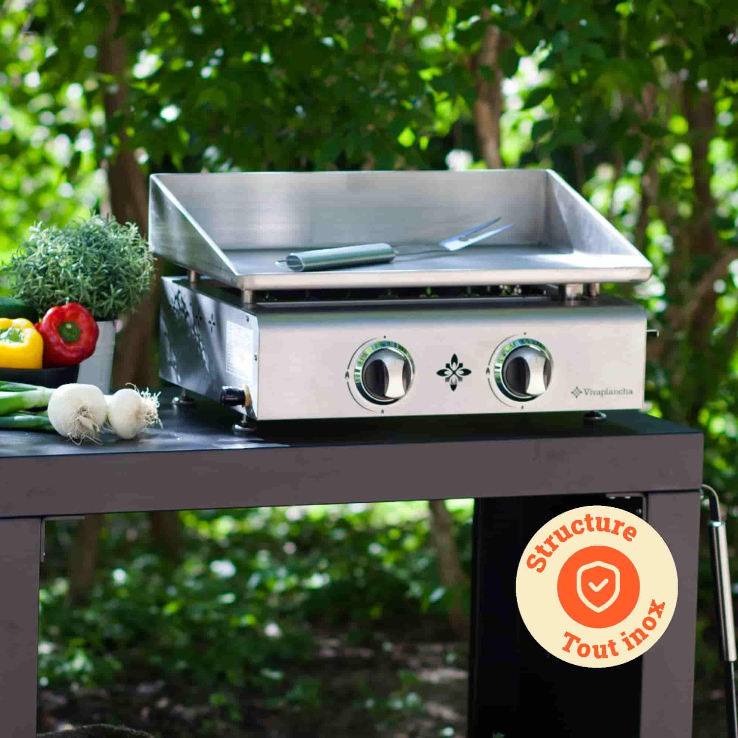 Vivaplancha stainless steel plancha placed on an outdoor trolley, accompanied by fresh vegetables, with a “Full stainless steel structure” badge at the bottom right.